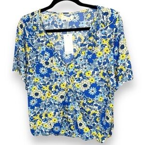 NWT Melloday Blue Yellow Floral Ruffle Top - Size Large
